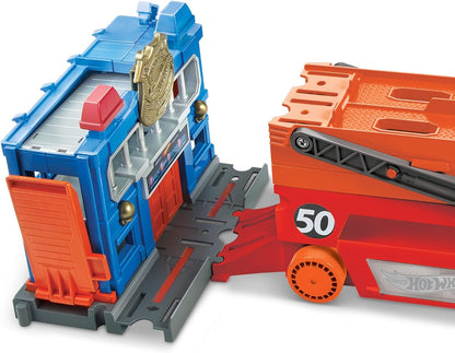 Blue and orange toy car carrier truck set with open ramp and stacked platforms