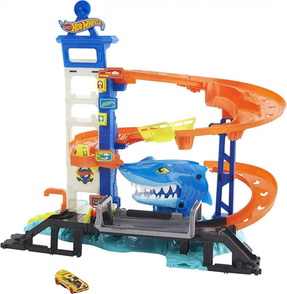 Shark-themed Hot Wheels parking garage playset with blue shark and orange tracks