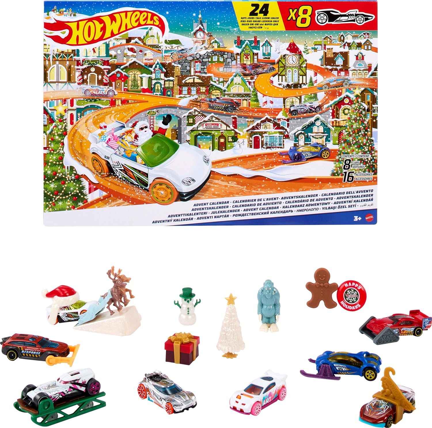 Hot Wheels toy car advent calendar box with illustrated town and cars