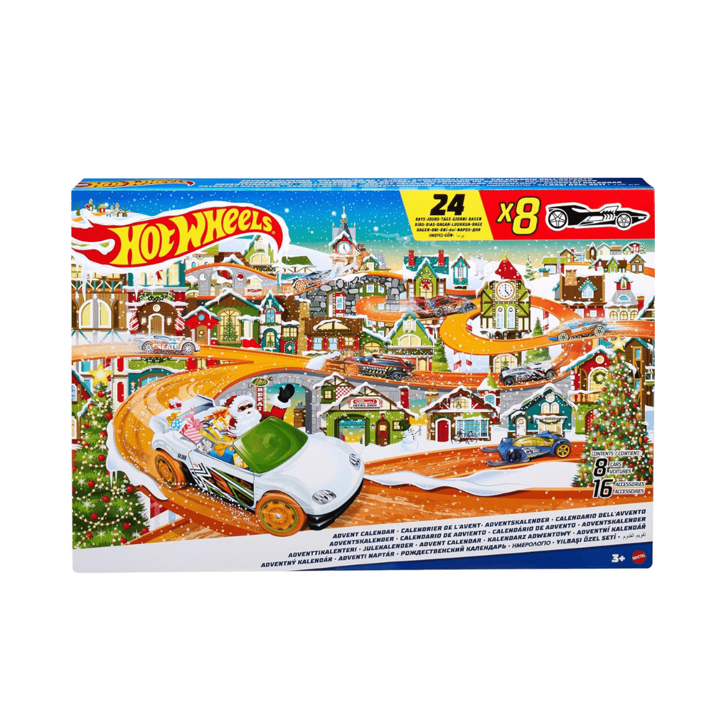 Hot Wheels 2023 toy car advent calendar box, front view with car track