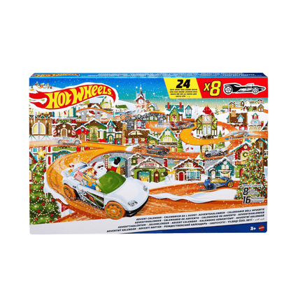 Hot Wheels 2023 toy car advent calendar box, front view with car track
