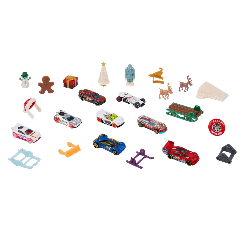 Toy car set advent calendar contents with miniature cars and accessories