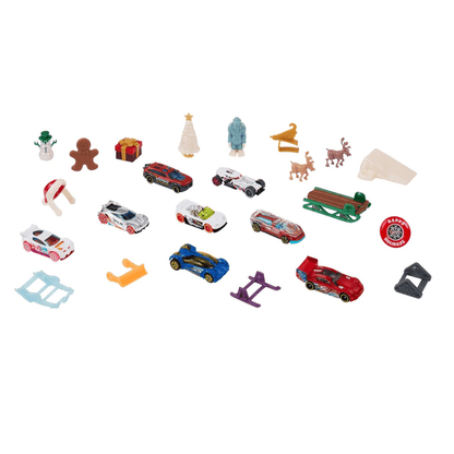 Toy car set advent calendar contents with miniature cars and accessories