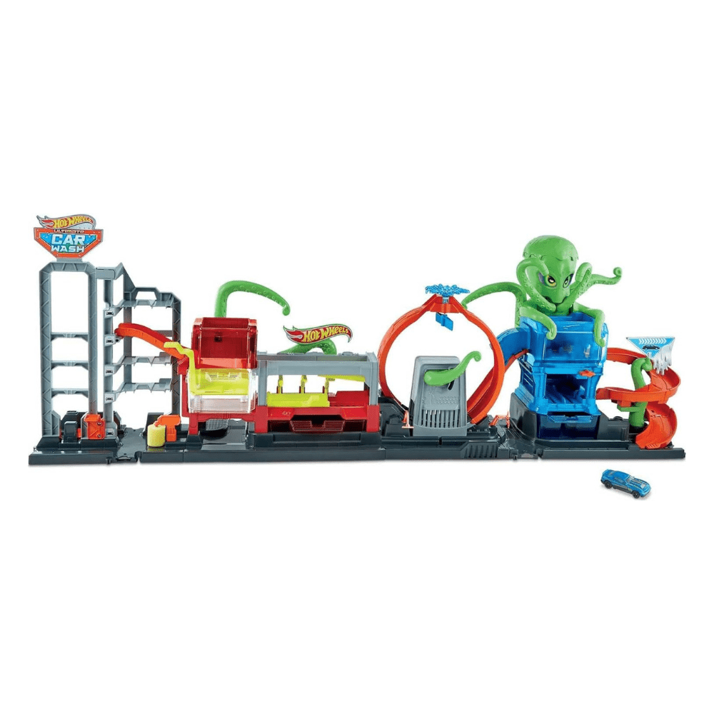 Hot Wheels car wash playset with green octopus figure, blue base and orange track