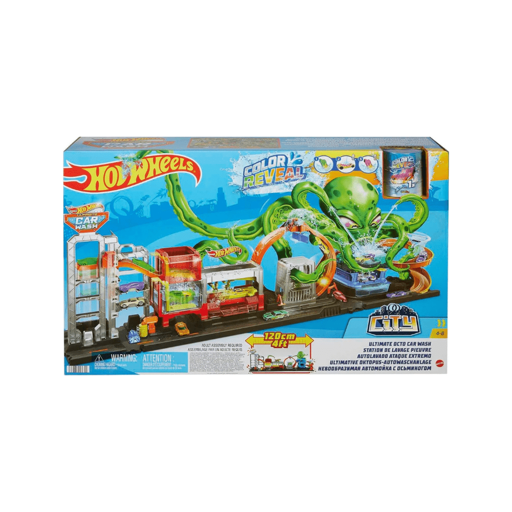 Hot Wheels Ultimate car wash playset box with green octopus artwork and toy track