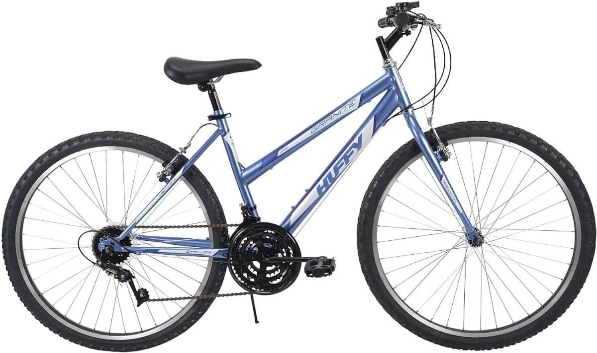 Blue 26-inch mountain bike with knobby tires and front suspension fork