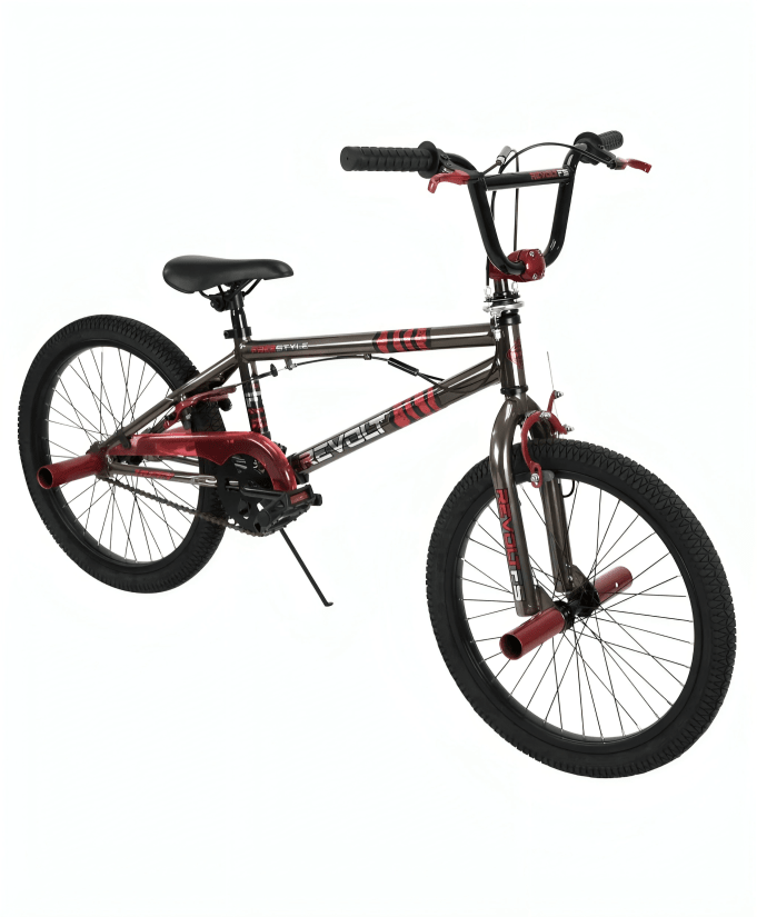 Revolt BMX freestyle 20 inch bike, red frame with black handlebars and knobby tires.