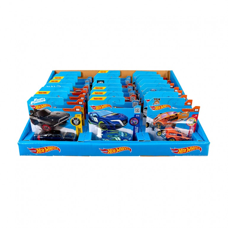 Assorted Hot Wheels die-cast toy cars in a blue retail tray
