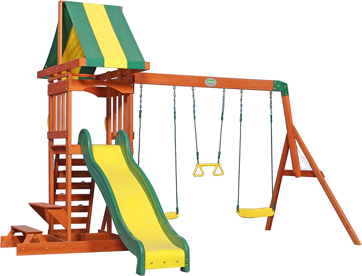Wood playset with green-and-yellow slide, swings and striped canopy