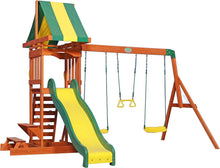 Wood playset with green-and-yellow slide, swings and striped canopy
