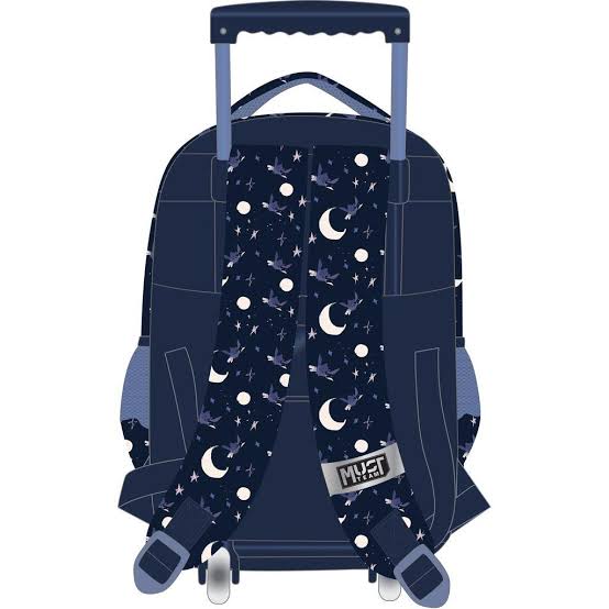 Primary school trolley bag, dark navy star-and-moon print, top handle and side straps