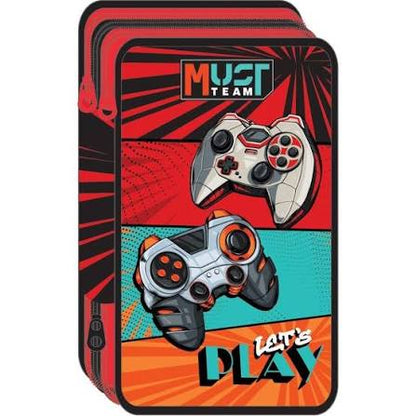 Triple-decker pencil case with zippers, red/black game controller design and Lets Play graphics