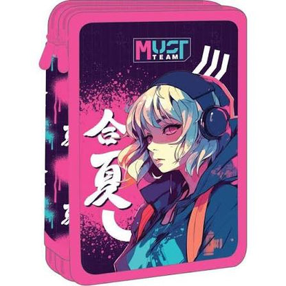 Pink double-decker pencil case with anime character print and zip closure