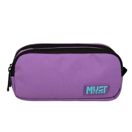Purple barrel pencil case with black zipper and Must Team logo patch