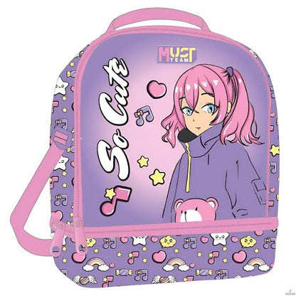 Pink insulated lunch bag backpack with cartoon girl, hearts, and two compartments