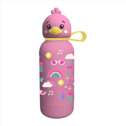Purple stainless steel thermos flask with cute bird cartoon and yellow carry loop