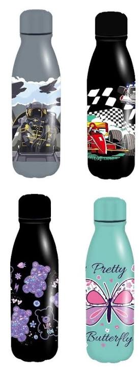550ml aluminium water canteen assortment with four printed designs, screw-top lids