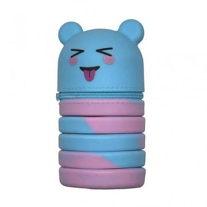 Foldable silicone pencil pouch with blue cat face and zipper