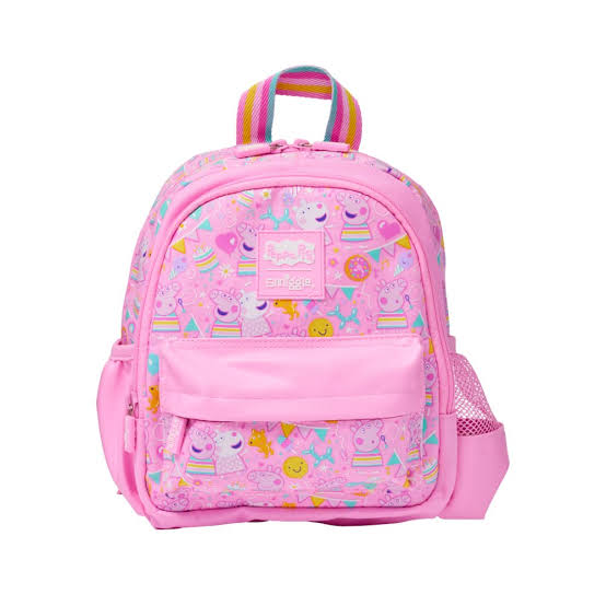 Pink kids' mini backpack with front zip pocket, Peppa Pig print, mesh side pocket