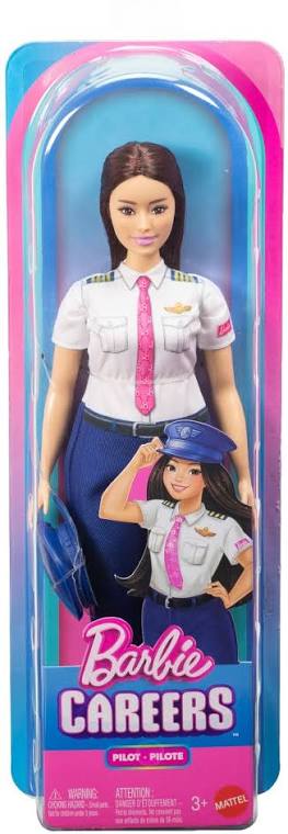 Barbie pilot doll in white shirt, pink tie, blue pants and navy pilot hat, in box