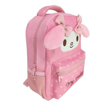 Pink preschool backpack with plush rabbit ear hood and bow, side zipper pocket