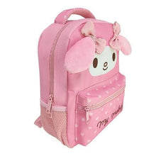 Pink preschool backpack with plush rabbit ear hood and bow, side zipper pocket