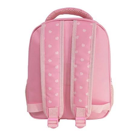Pink preschool backpack with heart pattern, front zipper pocket, adjustable straps