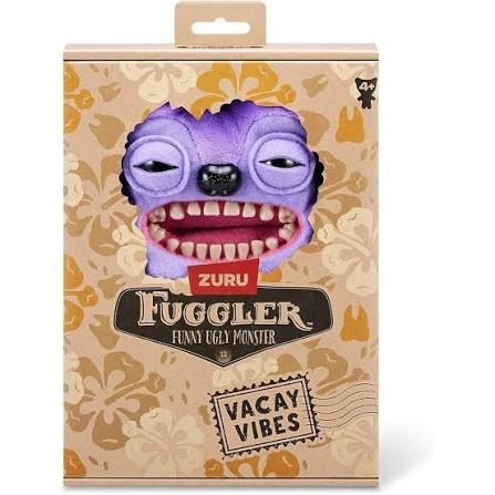 Plush monster toy in retail box by ZURU, purple figure with yellow grass skirt