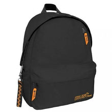 Black monochrome backpack with front zipper, side tag, and yellow logo text