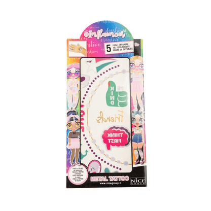 Metal tattoo blister pack with 5 temporary designs, colorful heart-and-arc motif