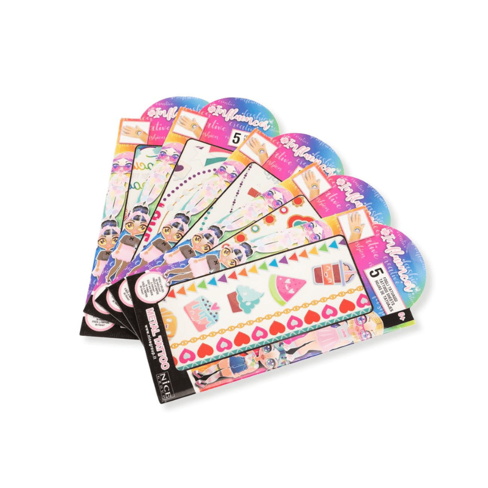 Set of metal tattoo packs, 5 designs each, assorted jewelry and geometric patterns