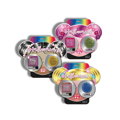 Influencer Shiny Look Makeup set with three glitter compacts, eyeshadows, and lip shades