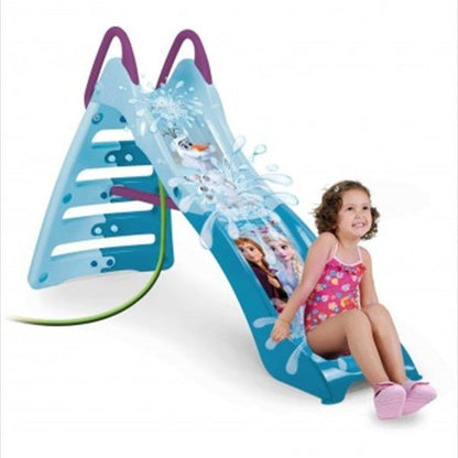 Blue kid slide with purple handles, character graphic, splash water effect and child