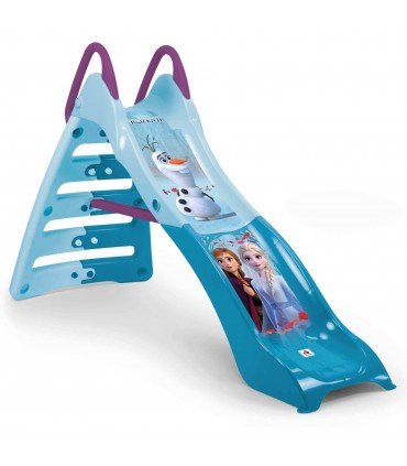 Blue kids plastic slide with purple handles and character graphic