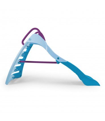 Blue plastic slide with purple entry rails and side cutouts, character print