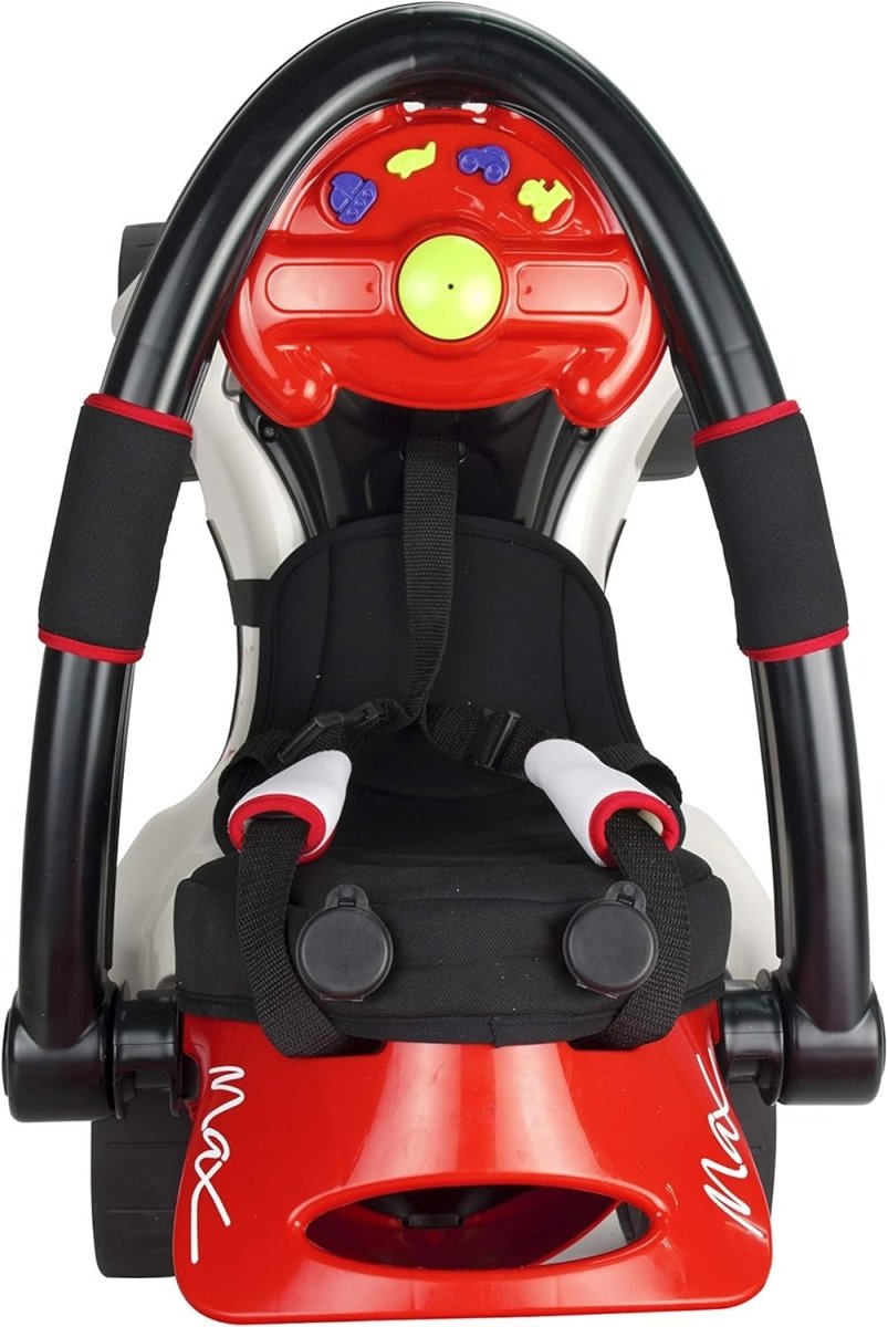 Kids ride-on push car seat with red shell and black safety harness, front view