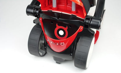 Kids ride-on push car rear underside with red panel and black wheels, close-up
