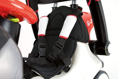 Kids ride-on push car harness and padded seat with black straps and red trim