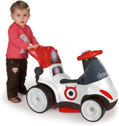 Kids ride-on push car with red hood and white body, front wheel detail, kids size