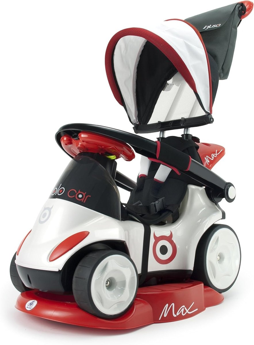 Kids ride-on push car with canopy and red base, white black body, front 3-wheel view