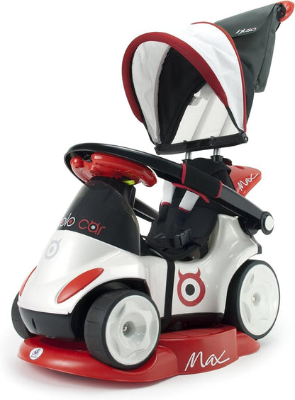 Kids ride-on push car with canopy and red base, white black body, front 3-wheel view