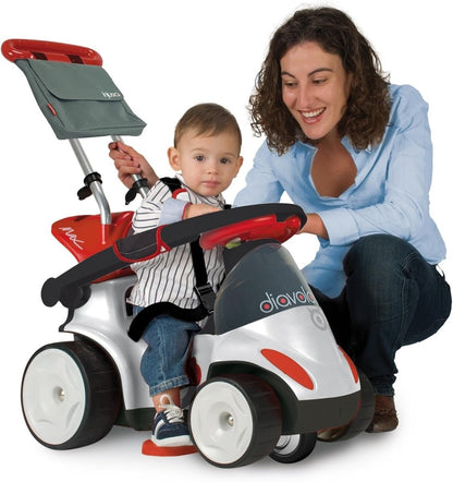 Kids ride-on push car with open canopy, red white body and black wheels, side view