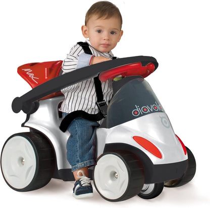 Kids ride-on push car with child seat, black steering bar, white red black body