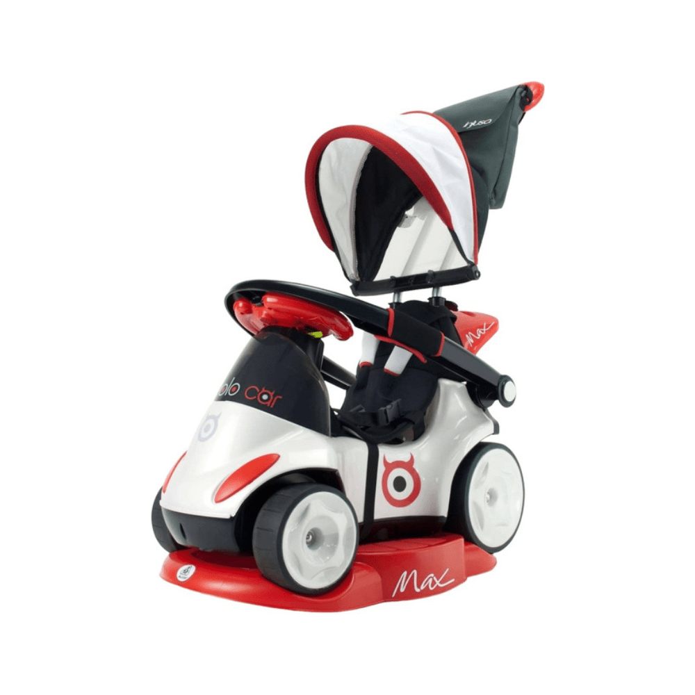 Kids ride-on push car with canopy, red white black body, front 3-wheel view