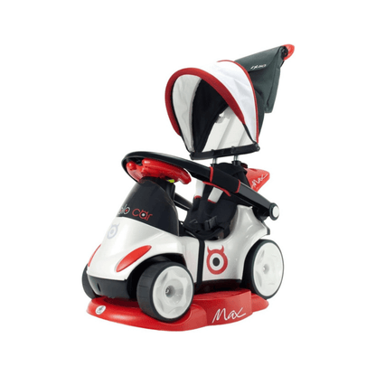 Kids ride-on push car with canopy, red white black body, front 3-wheel view