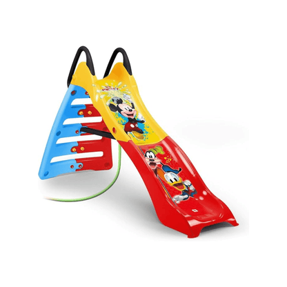 Multi-color kids slide with Mickey Mouse graphics, side ladder and curved ramp
