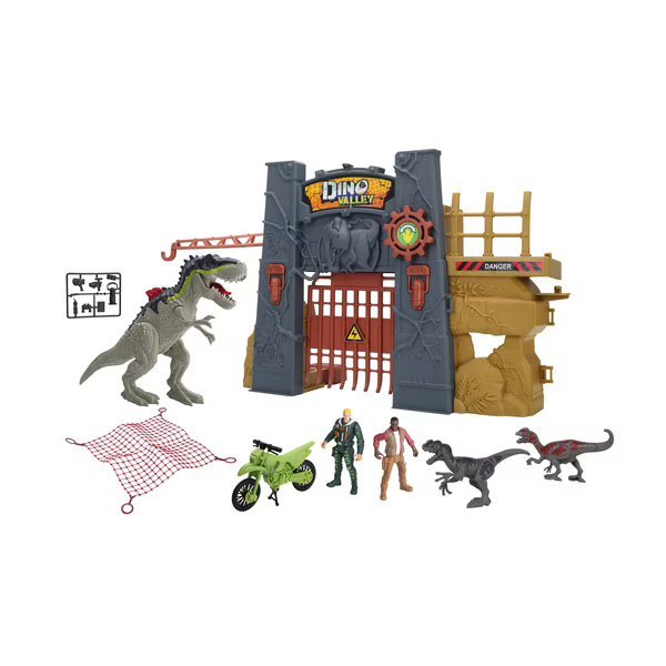 Dino Valley deluxe playset with gray gate, multiple dinosaur figures, and accessories