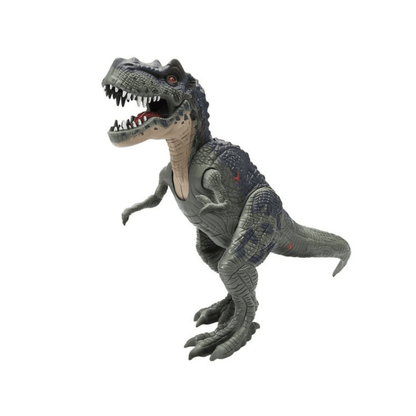 Interactive T-Rex dinosaur figure, dark grey textured skin with red eyes and open mouth.