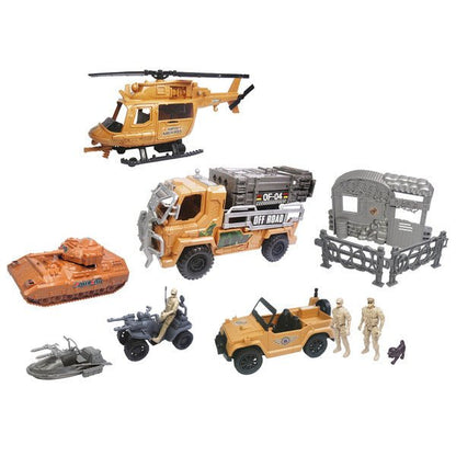 Military vehicle set: orange helicopter, off-road truck, tank, jeeps and soldiers