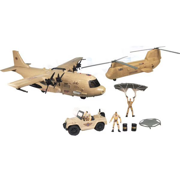 Toy military aircraft with accessories and parachute figures, tan